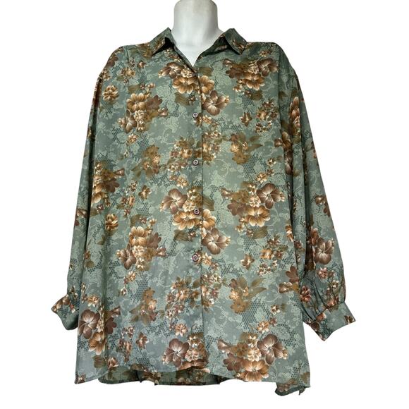 Vintage MC Sheer Button Down Shirt Floral Brown Green Roll Tab Sleeve Blouse 24W - Picture 1 of 7